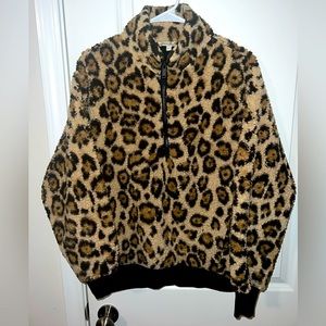 EXPRESS Leopard Print Sherpa Quarter Zip Sweatshirt - Women’s Size XS